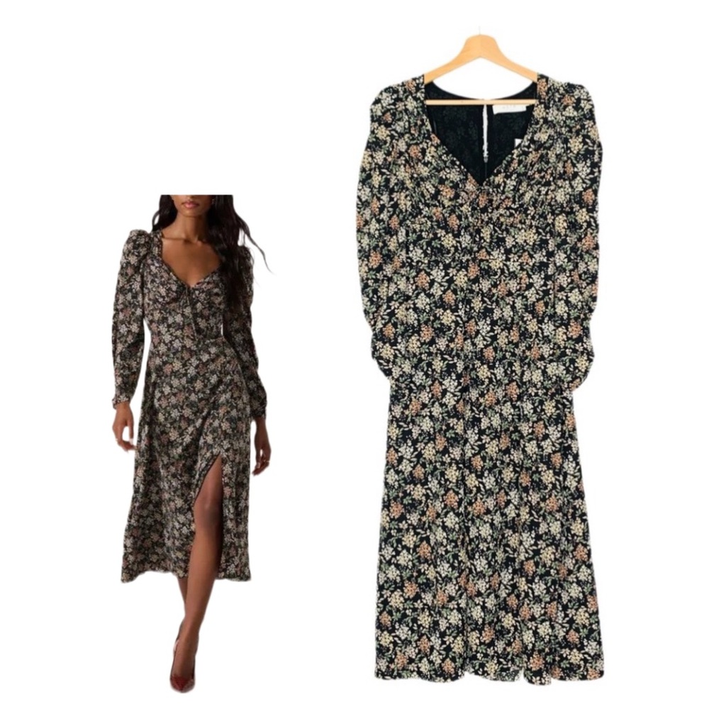 ASTR the Label Sweetheart Floral Midi Dress Puff Sleeves Black Floral Small NWT